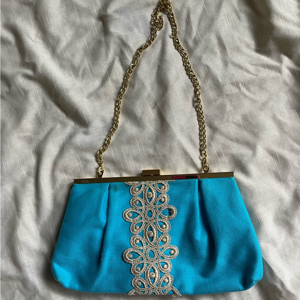 Lilly Pulitzer teal blue fabric clutch with removable gold tone chain strap